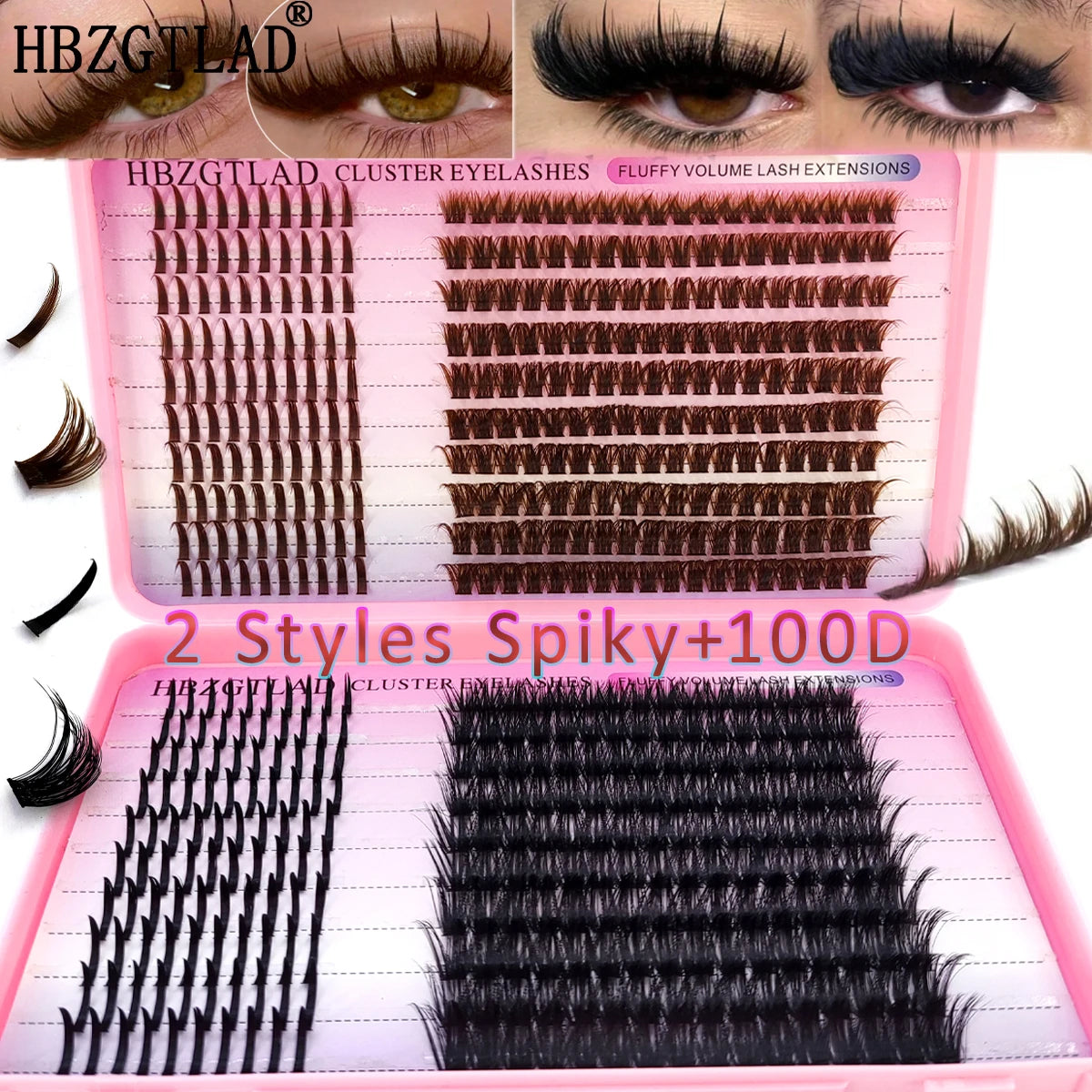 HBZGTLAD Black and Brown Eyelash Clusters 60D-160D Bottom+Spike Clusters Cute Manga Flash Clusters Extended Edition with Spike E