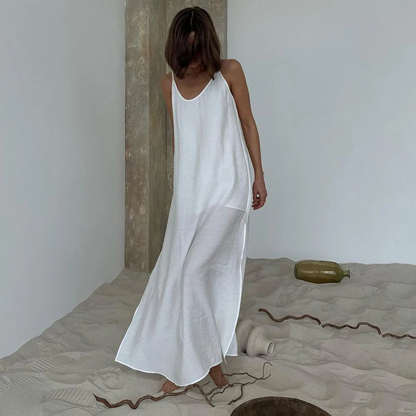 HiLoc Casual Loose White Long Dress Robe 2025 New Summer V Neck Dresses For Women Spring Sleeveless Straight Robes Nightgown