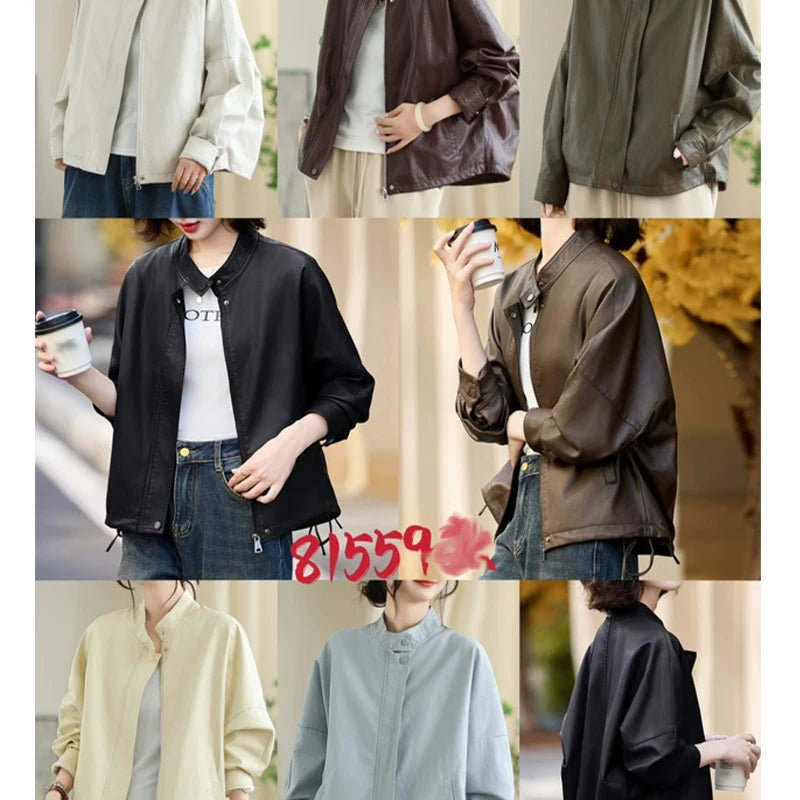 Masss Wasss 2025 Autumn Ladies Classic Fashion Oversized PU Jackets Womems Leisure Faux Leather Coats Loose Vintage Windbreakers