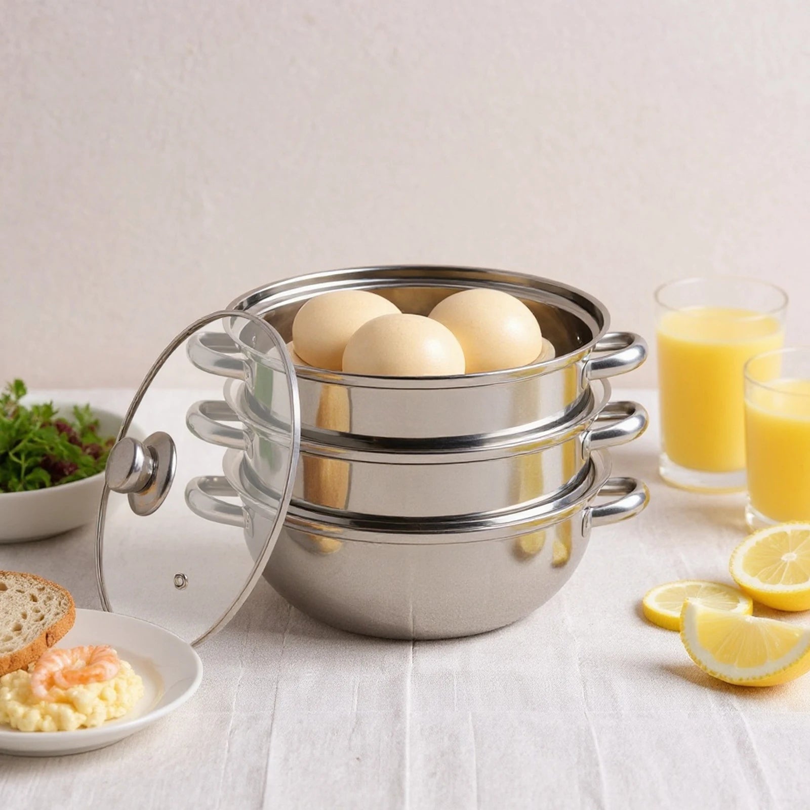 28CM Stainless Steel Steam Cooker Multi-Function 3 Tier Steamer Pot Cookware for Cooking Veg Meat Soups Seafood