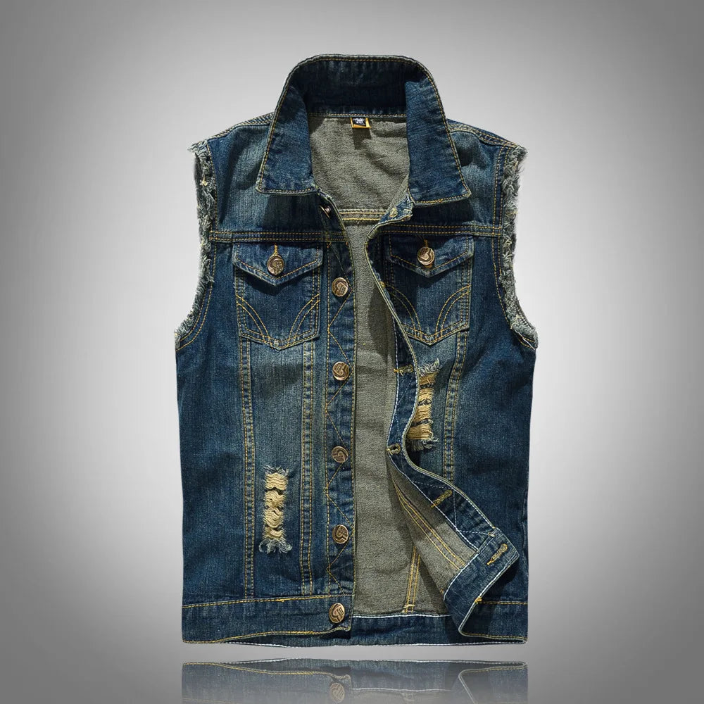 2025 Men's Fashion Jeans Sleeveless Jacket Vest Male Black Blue Denim Jeans Vest  Man Cowboy Outdoors Waistcoat Mens Jacket Vest