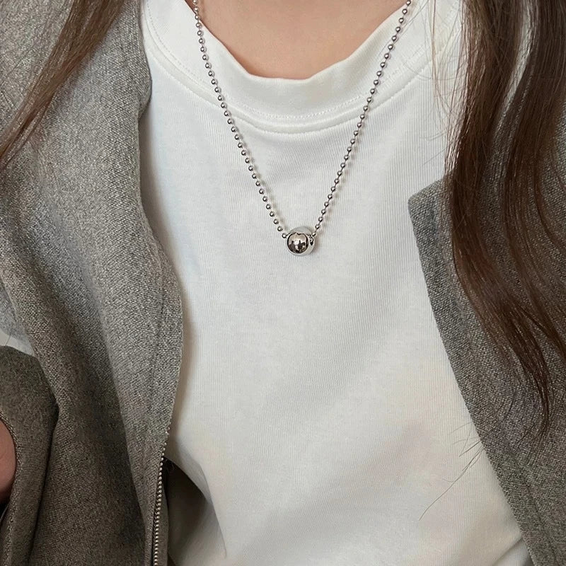 LATS Personality Stainless Steel Beaded Ball Pendant Necklace for Women Silver Color Double Layer Hip Hop Rock Chokers Jewelry