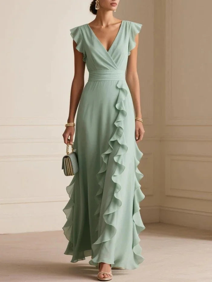 Ruffled Short V-Neck Long Dress Umbrella Skirt Feifei Sleeve For Womem