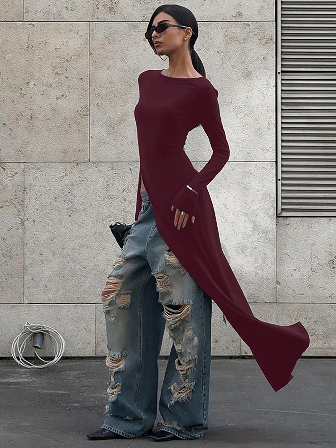 Dulzura Long Sleeves Side High Slit Maxi Dress Solid Sexy Long Dress Women’S Party Club Streetwear Autumn Winter Outfit