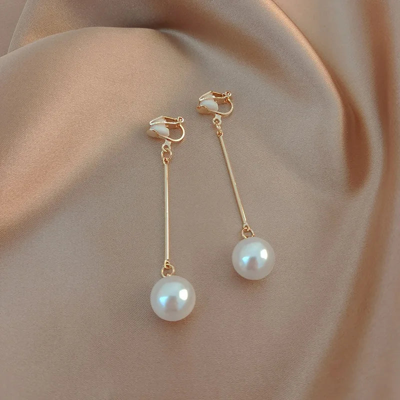 Trendy Temperament Long Pearls No Hole Clip Earrings Imitation Pearl Shell Tassel Long Clip on Earrings on Pierced Ears Women