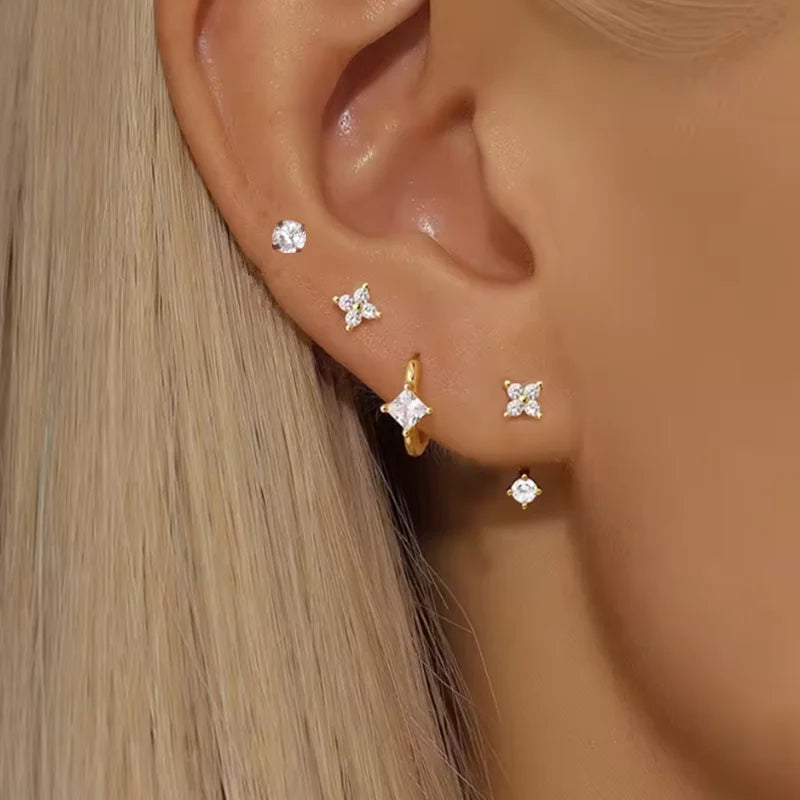 4PCS Zircon Heart Moon Flower Small Hoop Earrings Set For Women Stainless Steel Huggies Pendant Piercing Earrings Jewelry Aretes