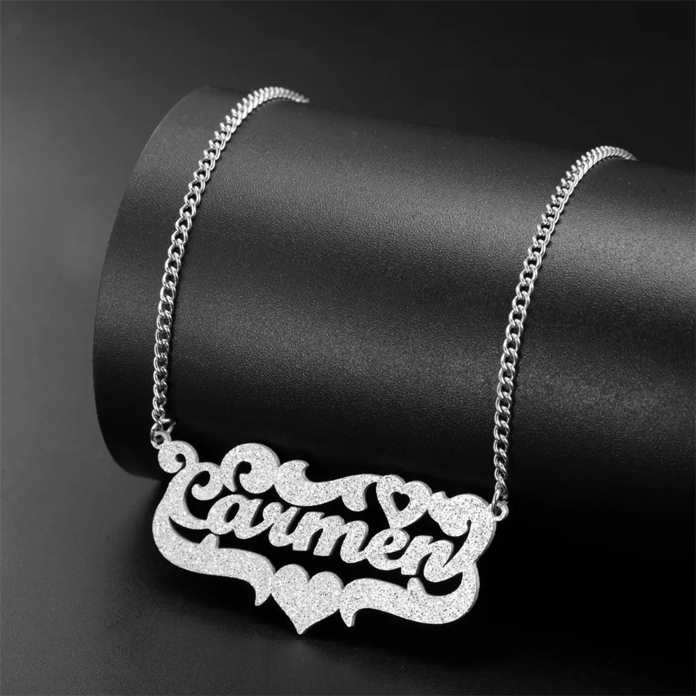 My Shape Custom Name Sparkling Necklaces Stainless Steel Customized Bling Frosted Pendants Personalized Name Chain Jewelry Gifts