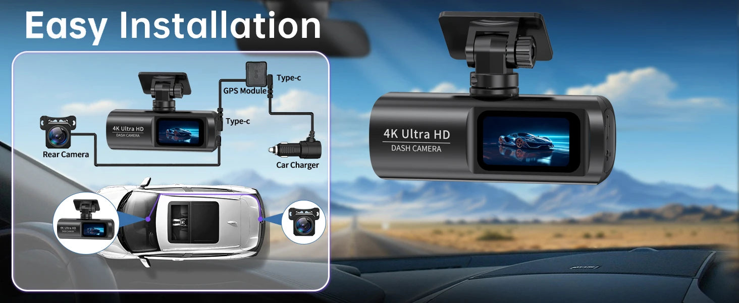 UHD 4K WiFi Dash Cam Dual Lens Driving Recorder Car DVR Optional 1080P Rear Lens Camera GPS 24H Parking Monitoring Black Box