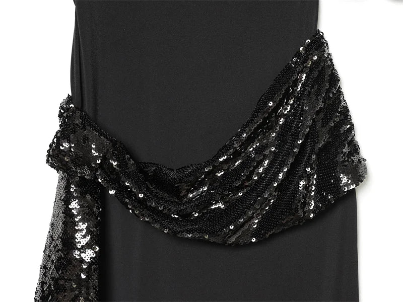 Women Backless Sequin Patchwork Maxi Dress Elegant Wide Sleeve Long Gowns Feminine New Fashion Evening Party Daily Robes