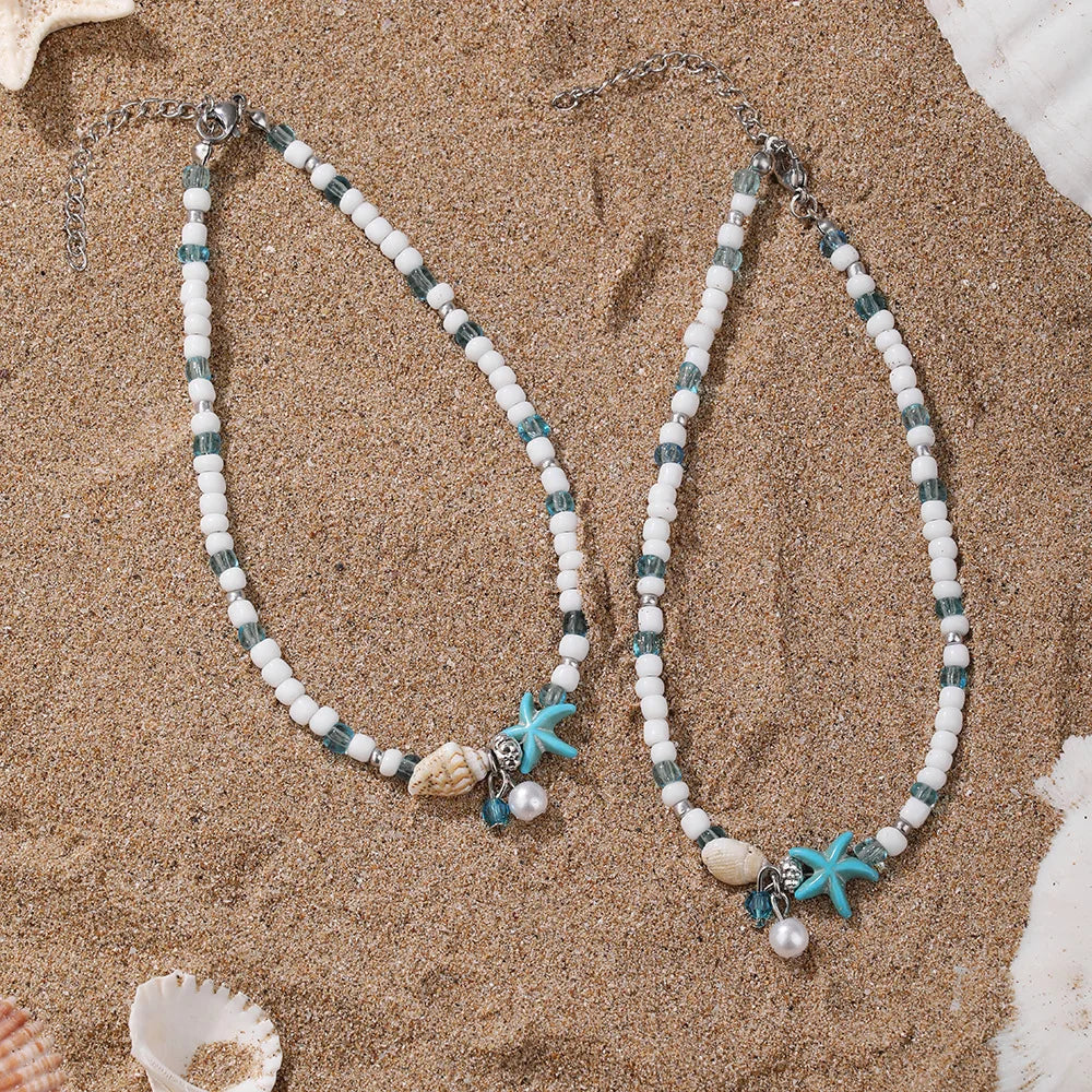 White Turquoise Beaded Chain Starfish Pendant Ankle Summer Bracelet Charm Sandals Barefoot Beach Foot Bridal Jewelry