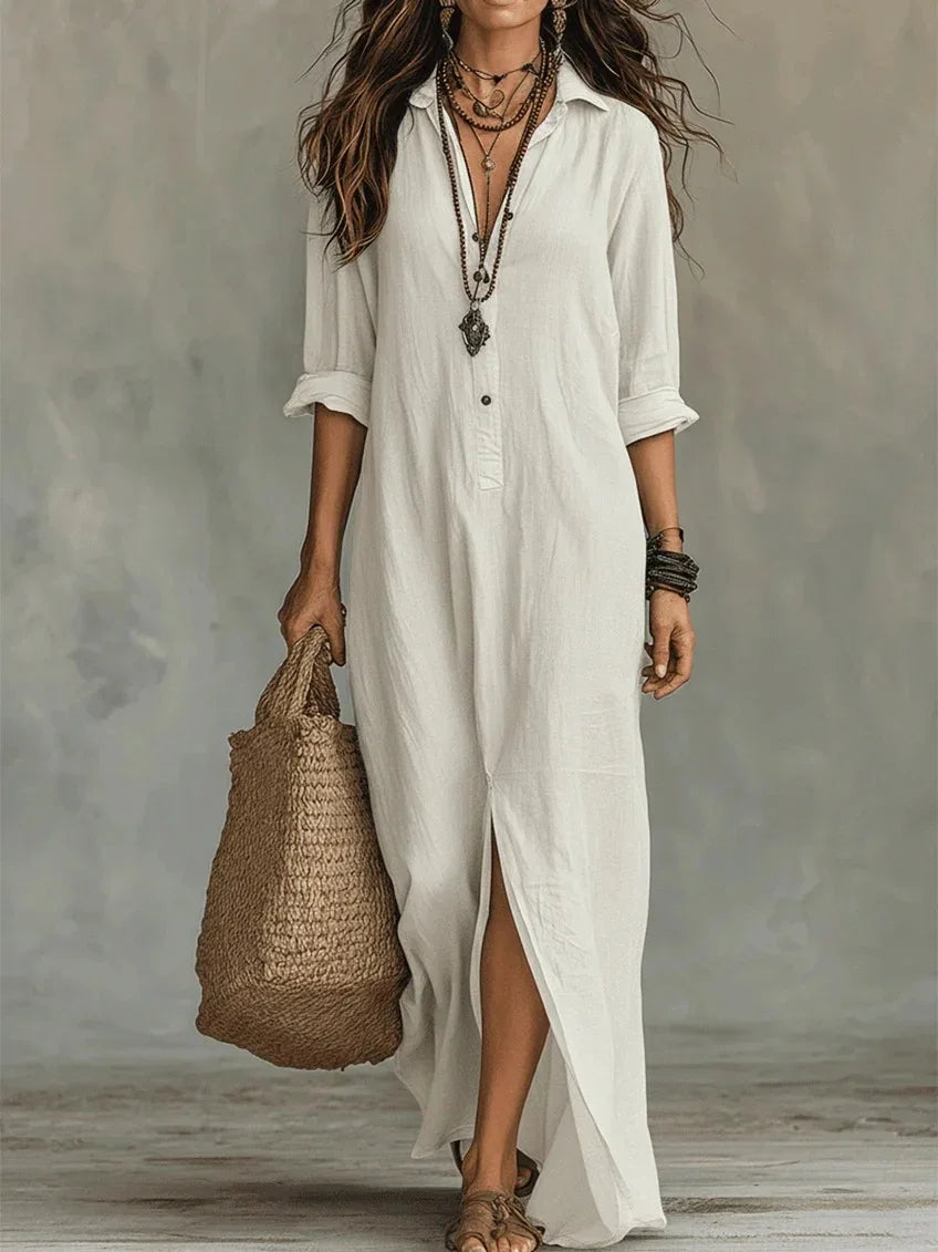Casual Long Sleeve Loose Maxi Dress Women 2026 Summer Solid Color Turn-down Collar Beach Long Dresses Elegant Vestidos