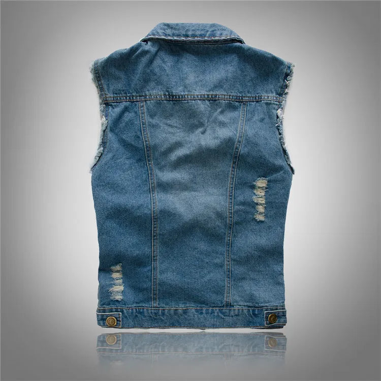 Men Denim Vests Jackets Waistcoats Light Blue Ripped Denim Coats Vests New Fashion Male Cotton Slim Black Jeans Waistcoats 6XL