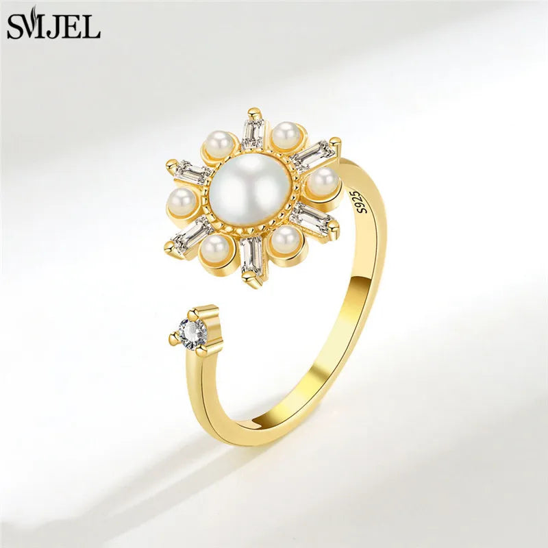 Ethnic Fashion Daisy Flower Anxiety Ring Adjustable Women Girls Worry Stress Relief Jewelry Spinning Fidget Rings Party Gifts