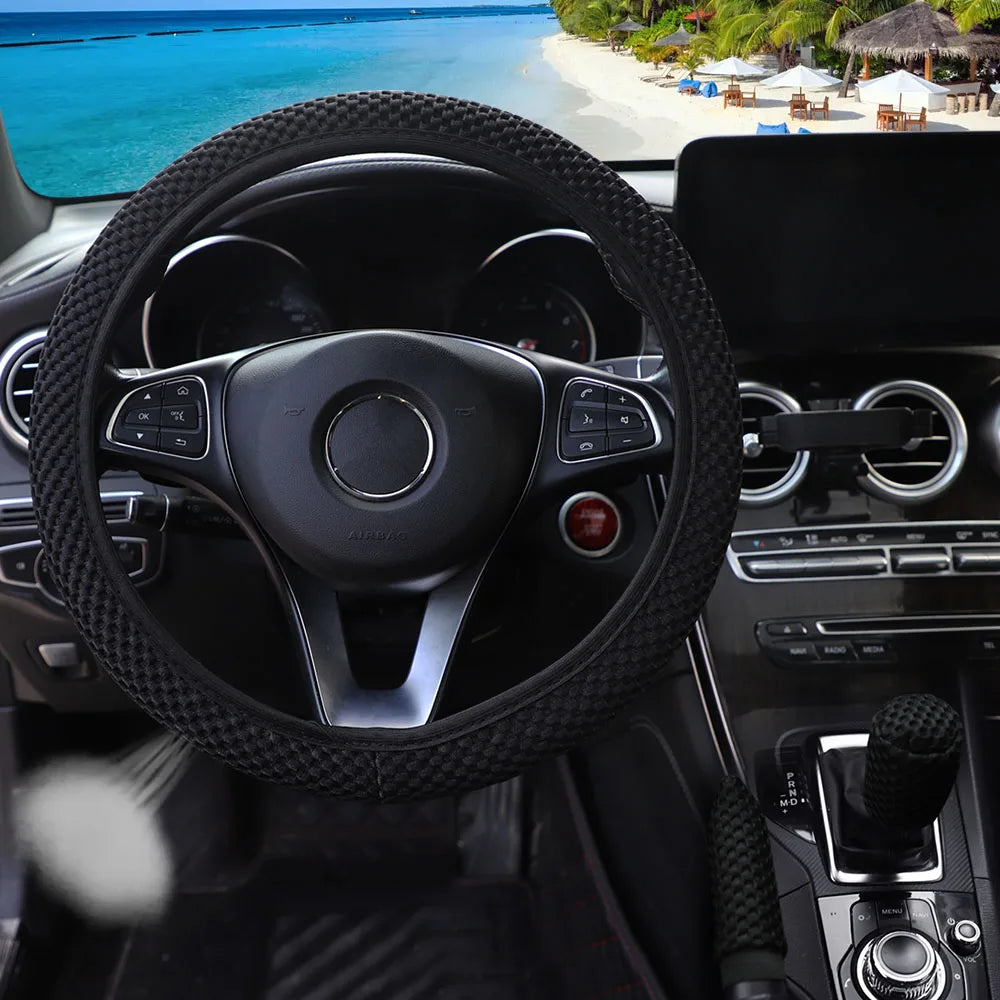 3 Car Massage Mesh Cloth Steering Wheel Cover Handbrake & Handle Cover Set Breathable No Inner Ring for 14.5-15 Inch Accessories
