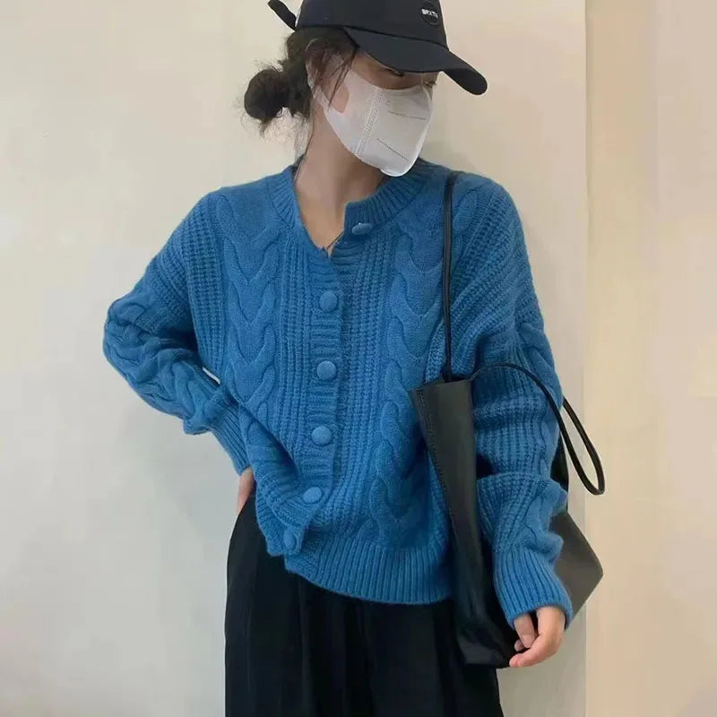 Autumn Twist Knitted Cardigan Womem Winter Thicken Warm O Neck Sweater Jacket Female Solid Button Up Long Sleeve Crop Knitwear
