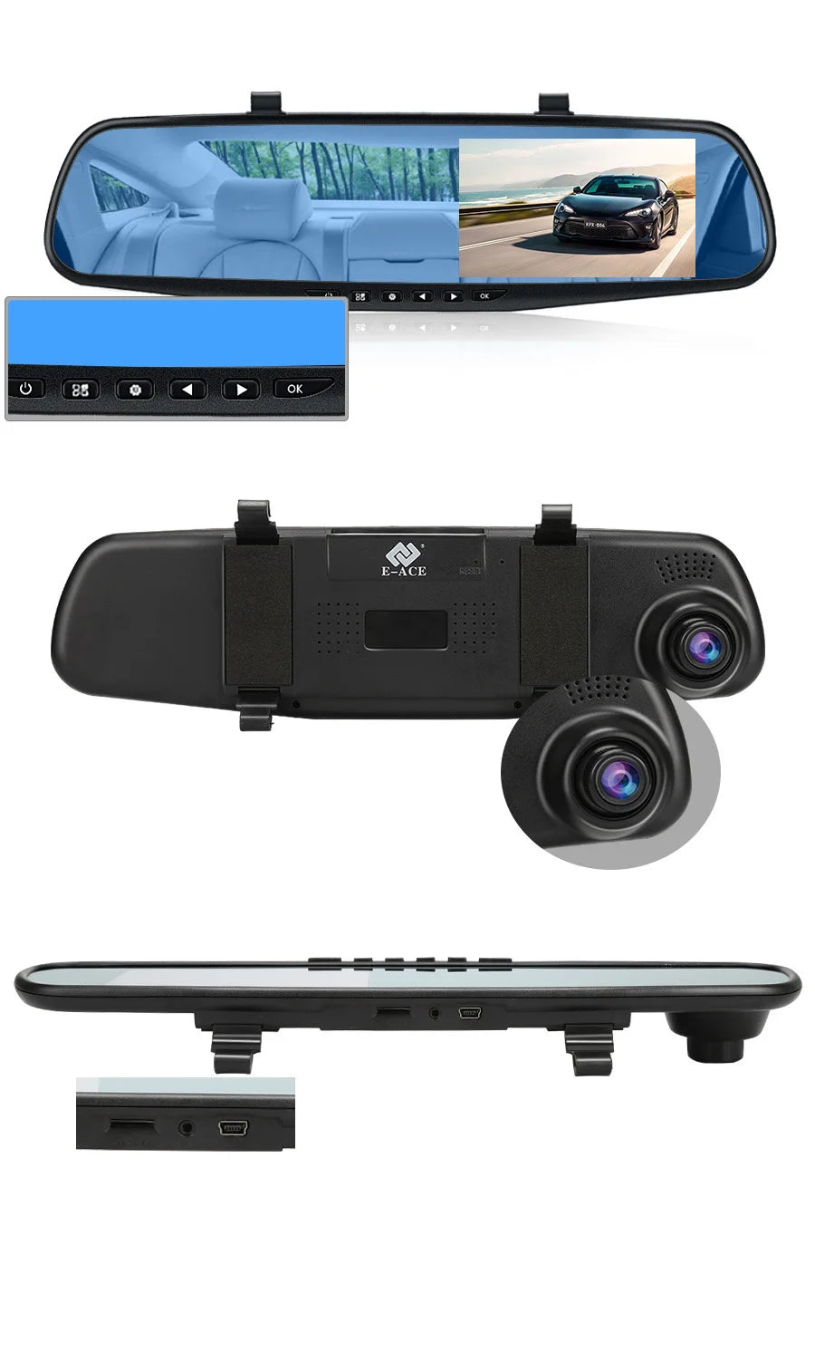Dash Cam 4.3 inch "mini rear-view mirror digital dashcam, front and rear dual cameras IPS Front and Rear Camera Registrar Black