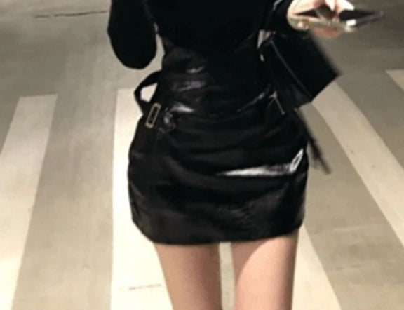 Fashion Retro Sexy 2 Piece Set Womem Slim Fit Long Sleeve Hollow Out Tops + Faux Leather Belted Mini Skirt Casual Elegant Outfit
