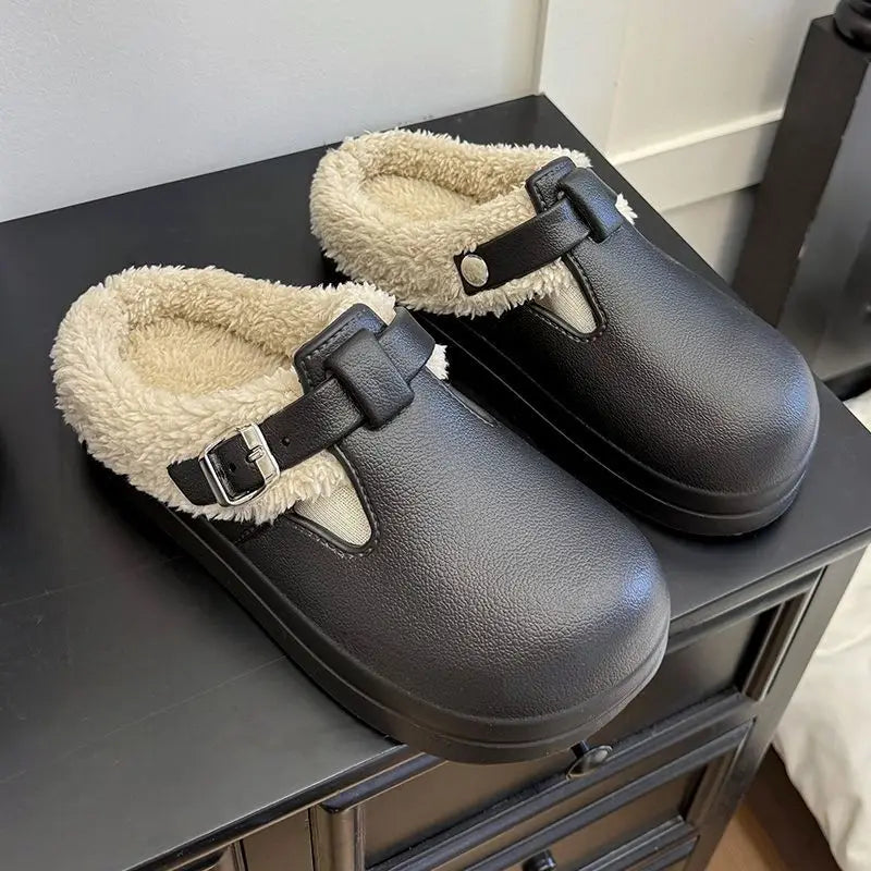 Waterproof Eva Furry Mules Slippers Women 2025 Winter Metal Buckle Warm Plush Slippers Soft Thick Bottom Non Slip Indoor Slides