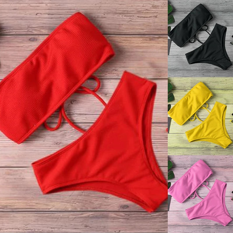 New Bikini High Waist Strapless Sexy Bikini Women Swimwear Women  Fashion Swimsuit Padded Bathing Suit Monokin Pure Color