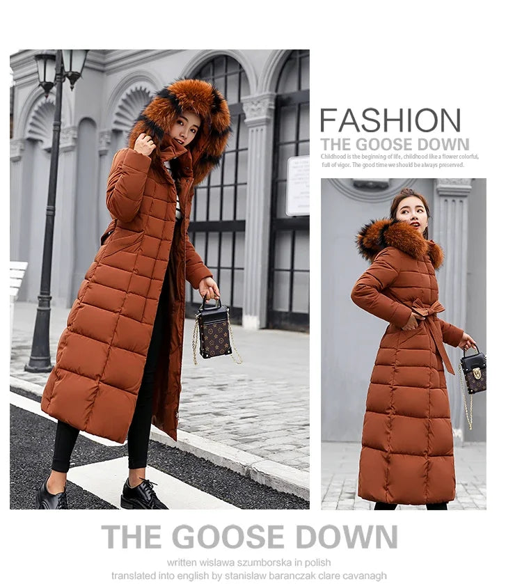 Long Down Cotton Parkas Coat Female New Winter Over Knee Loose Large Fur Collar Hooded Warm Thick Parkas Women  Padded Overcoat