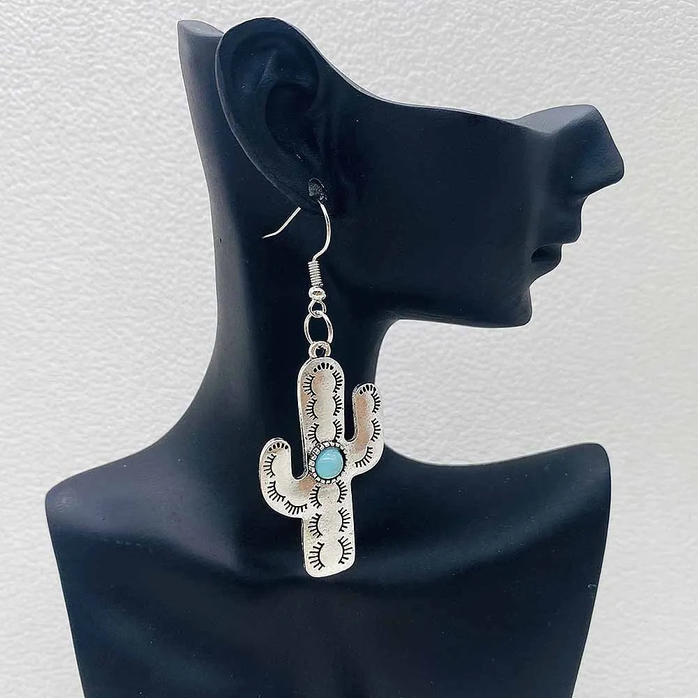 Western Retro  Turquoise Bull Head Earrings Cactus Boots Cowboy Hat Alloy Ethnic Style Earrings Set Jewelry for Women