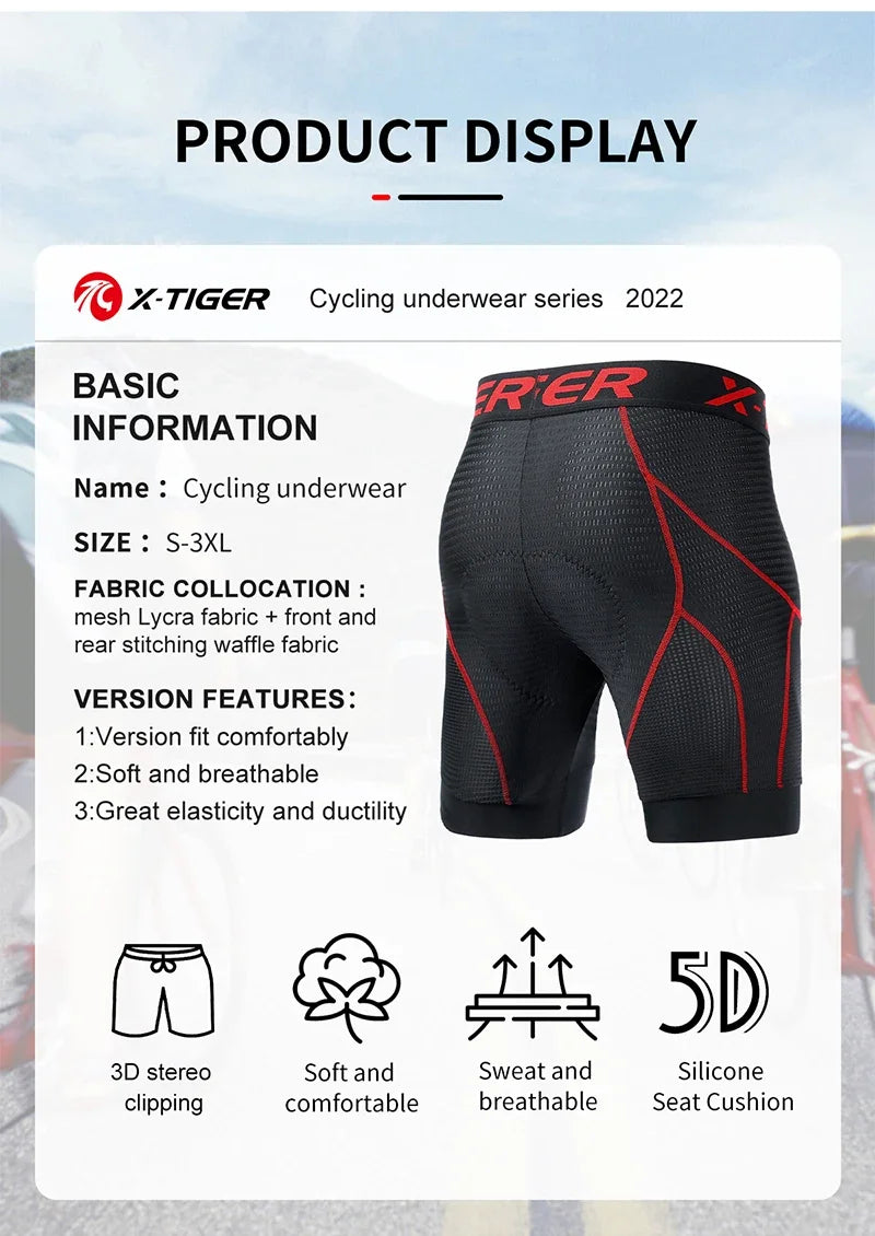 X-TIGER Cycling Underwear Men's Shorts 5D Padded Breathable Sports Riding Bike Bicycle MTB Liner Shorts with Anti-Slip Leg Grips