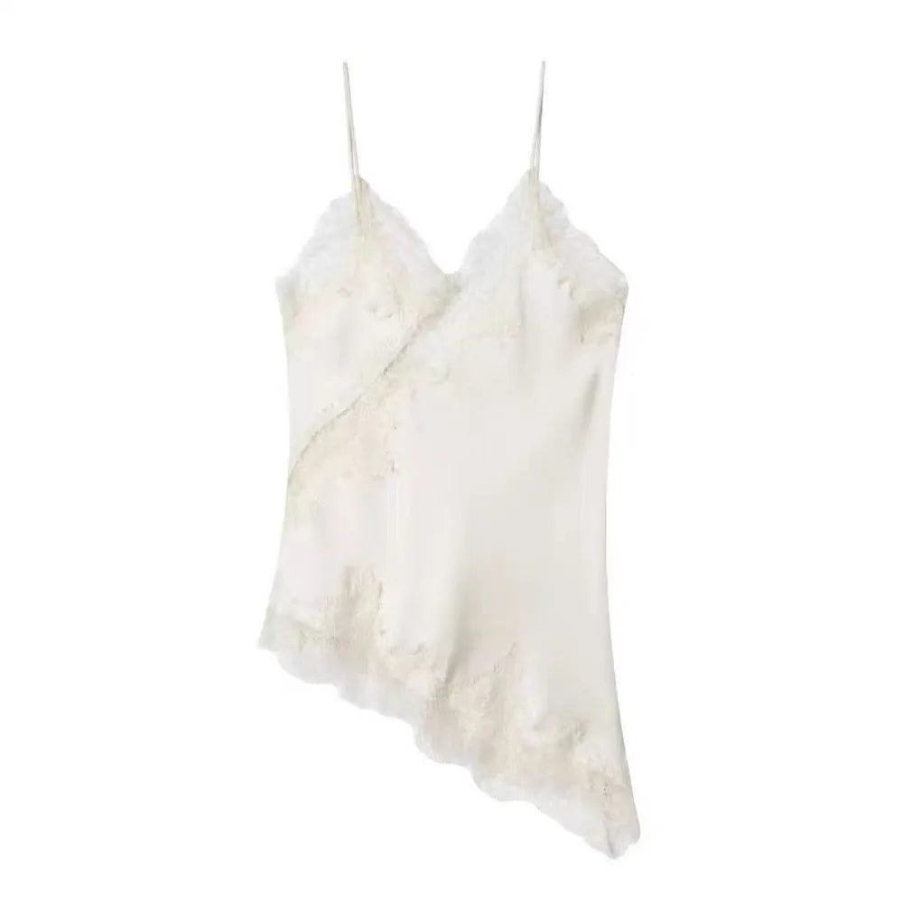 Elegant Asymmetrical Lace Lace Patchwork Top Sleeveless Backless Camisole Tops V Neck Sexy Lace Women tank top Summer Wear