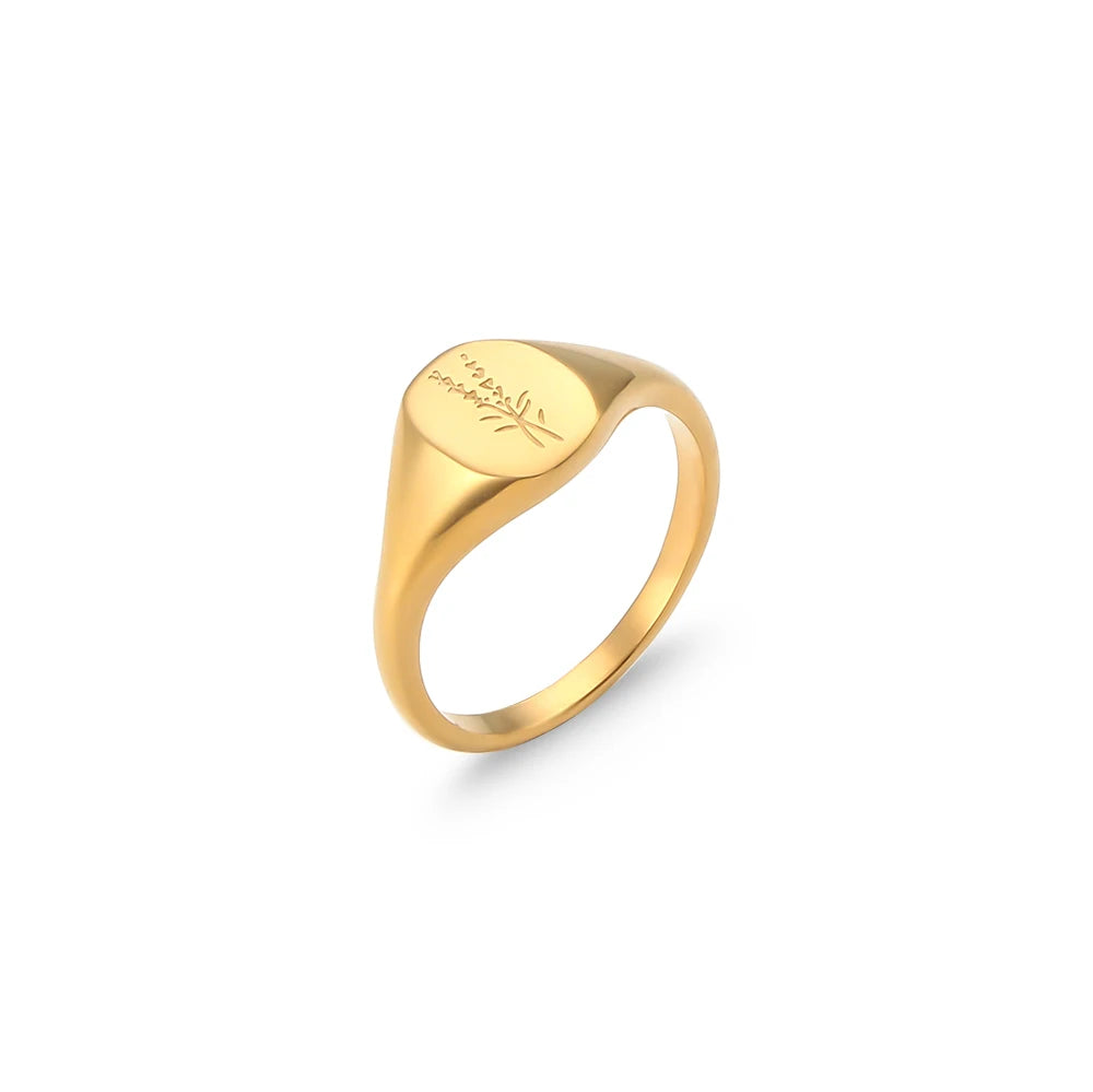 Handmade Tarnish Free Stainless Steel 18k Gold Plated Engraving Wildflower Tea Leaf Lavender Sunflower Signet Rings For Women