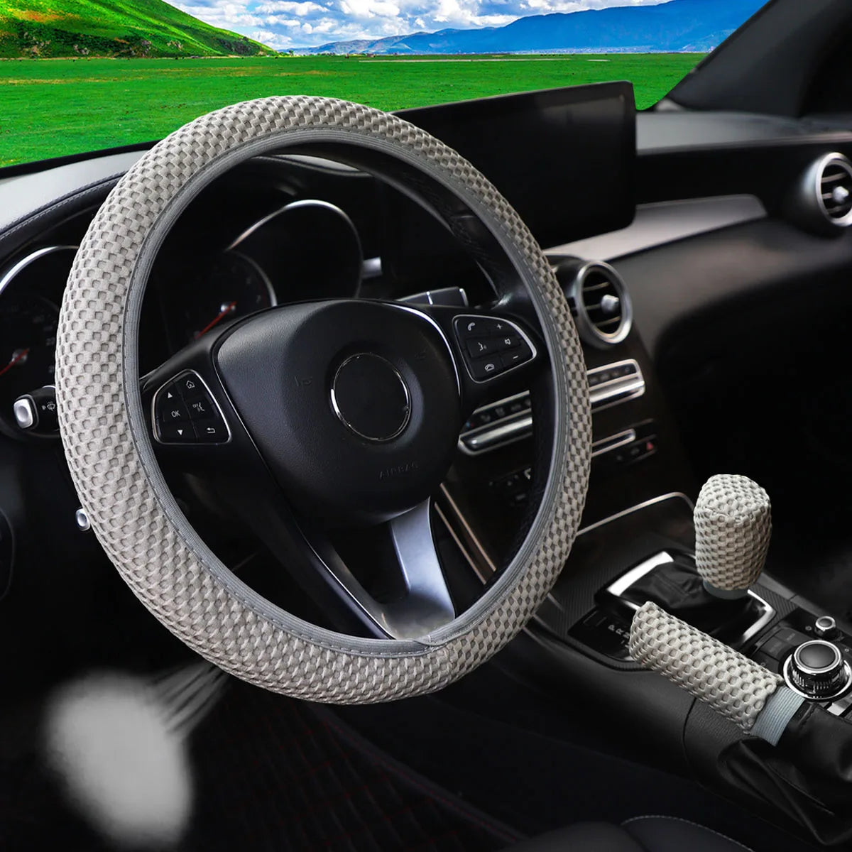 3 Car Massage Mesh Cloth Steering Wheel Cover Handbrake & Handle Cover Set Breathable No Inner Ring for 14.5-15 Inch Accessories