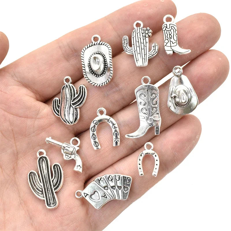 11pcs Mixed Antique Silver Western Cowboy Charms Alloy Boot Gun Hat Pendants For DIY Bracelet Earrings Necklace Jewelry Making