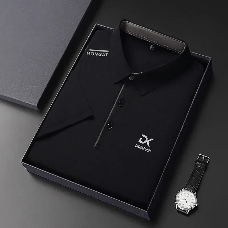 New Men's Business Casual Short Sleeved Shirt with Badge Solid Color Polo Shirt Fashionable Breathable Comfortable Versatile Top