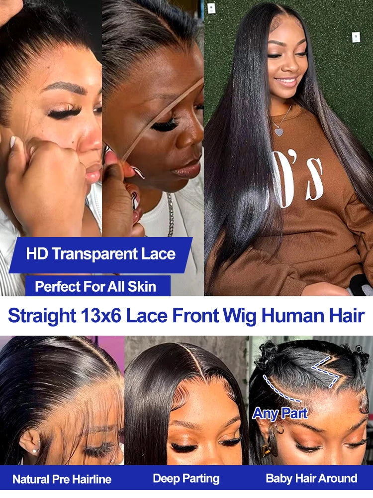 Smooth Silky Long Straight Glueless Full Lace Front Human Hair Wigs For Women Cambodian Raw Virgin 13x4 13x6 Hd Bone Straight Transparent Lace Front Wig Human Hair 40 42 Inch 300 Density Silky Straight HD Lace Frontal Wig Pre