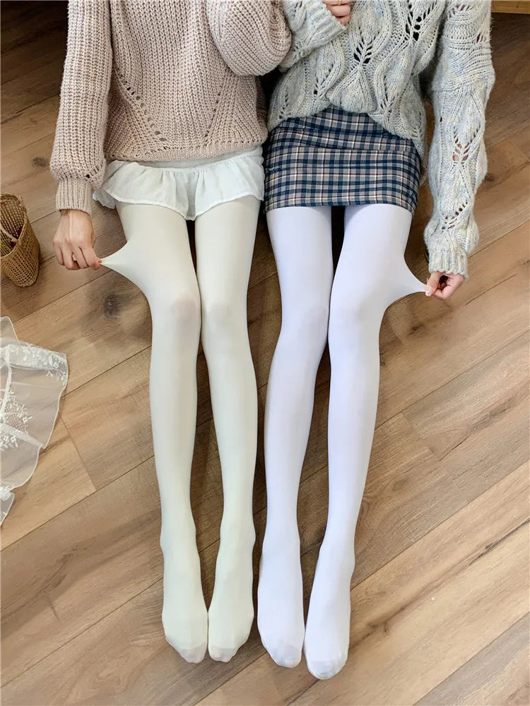 Fall Winter Adult Pantyhose Milk White Silk Socks for Girls Lolita Velvet Thin Bottom Jumpsuit Socks Women