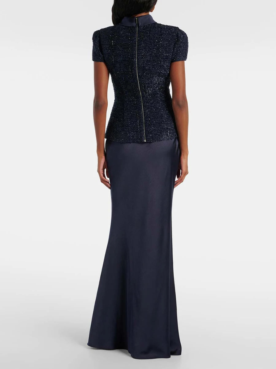 VGH Chic Two Piece Sets for Women Stand Collar Short Sleeves Spliced Pocket Tweed Top High Waist Maxi Skirts Vintage Suit Female