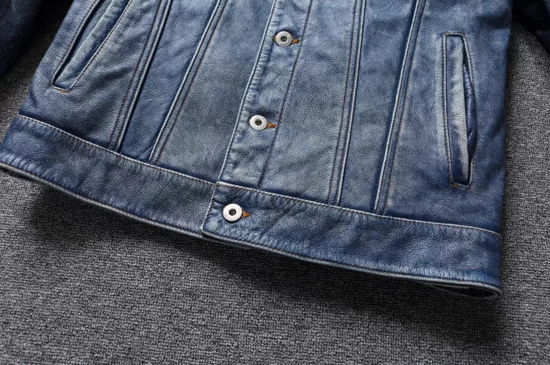 Men's Motorcycle Leather Jacket Light Blue Ami Khaki Retro Graphite Distressed Denim Genuine Leather Jacket Slim Short Jacket