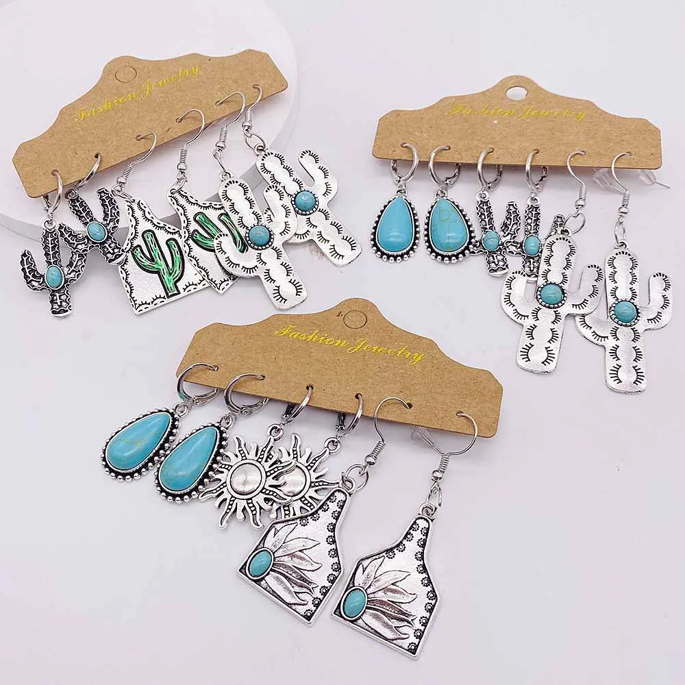Western Retro  Turquoise Bull Head Earrings Cactus Boots Cowboy Hat Alloy Ethnic Style Earrings Set Jewelry for Women