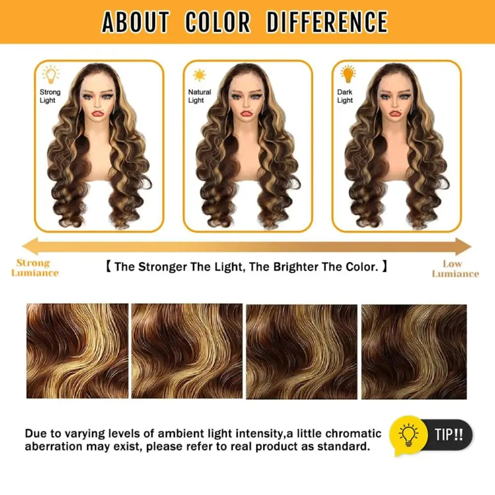 13x4 HD Highlight Body Wave Lace Front Wigs Human Hair For Women Glueless Pre Plucked 4/27 Colored 200% Density With Baby Hair