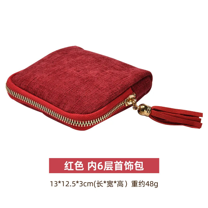 Tassel Jewelry Organizer Bag Portable Travel Case with Metal Zipper for Bracelets Jade Bangles Necklaces Rings Storage Pouch