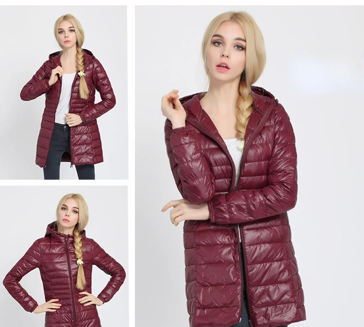 Women Long Warm Light Down Jacket Ladies Fashion Hooded with Portable Storage Bag Puffer Coats Women's Overcoats Hip-Length Coat