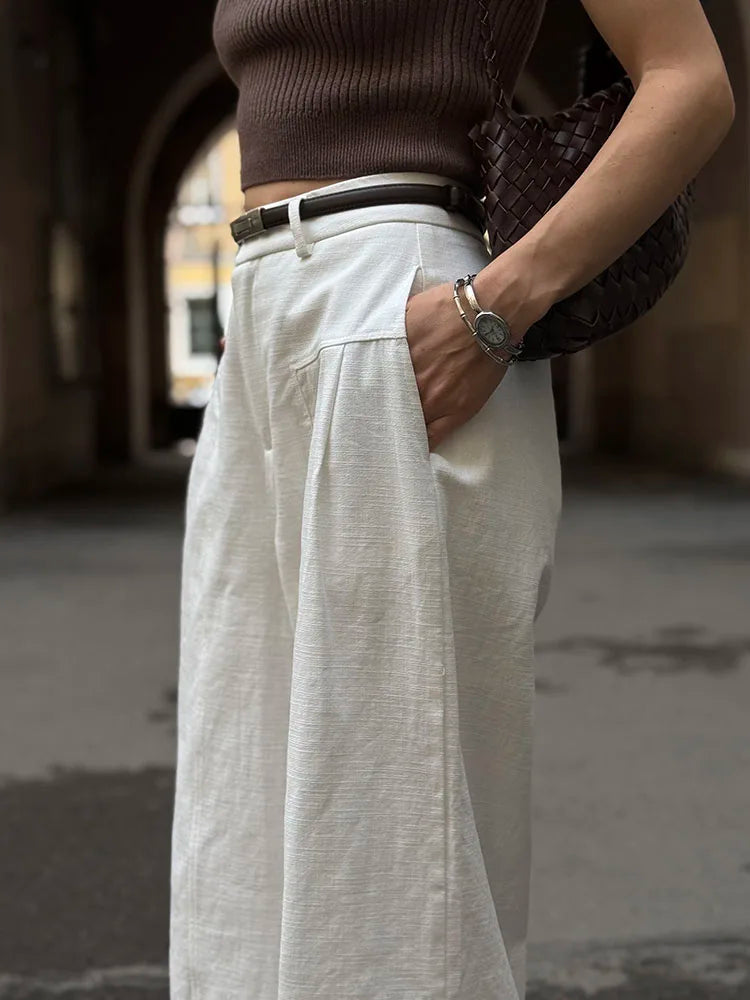 Summer White Pants For Women Cotton Formal High Waist Wide Leg Trousers Ladies Elegant Summer Women's Pants Straight Leg Office