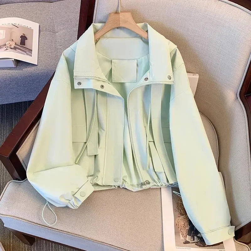 Short Hooded Jacket Women's Spring Autumn 2026 New Lady Loose Thin Work Jacket Top Solid Casual Student Zipper Outwear