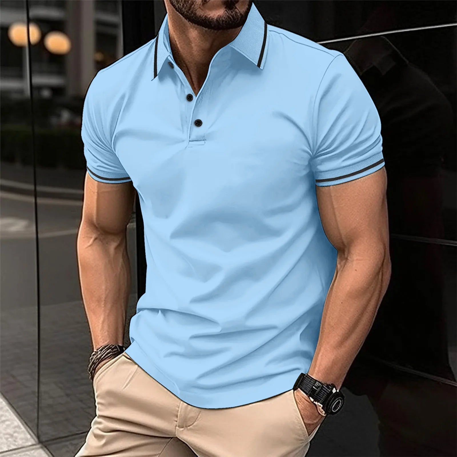 Summer Men'S Shirt, Unbuttoned Ribbed Collar Polo, Sporty Loose Short Sleeves, Basic Style, Comfortable And Breathable, Casual T-Shirt