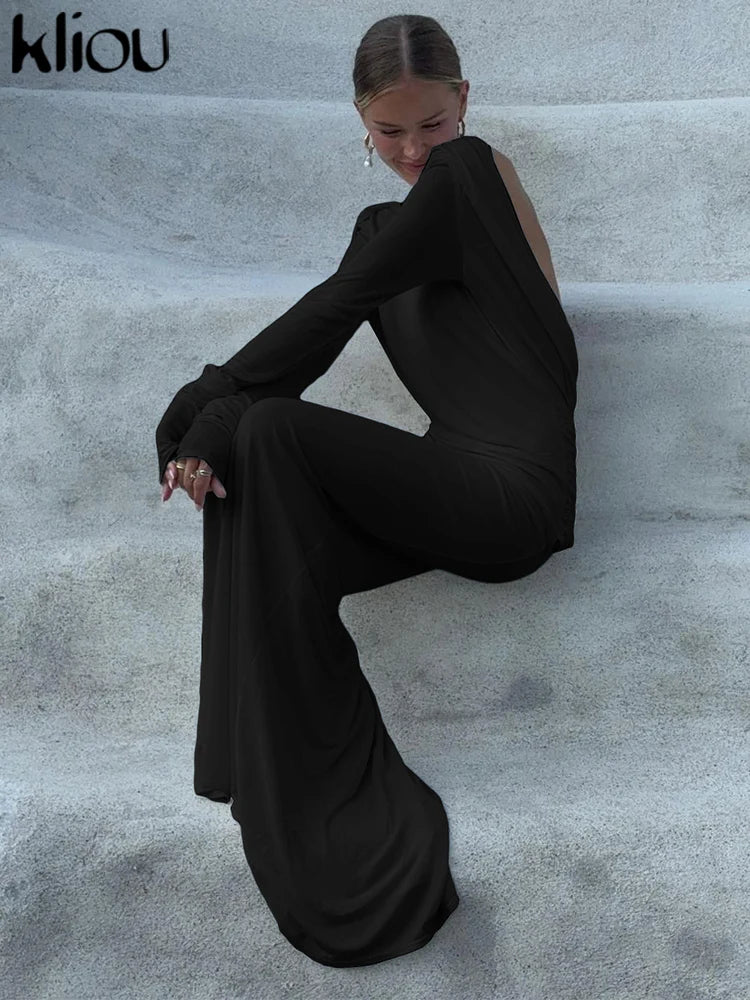 kliou Solid Elegant Women Maxi Dress Simple Fall Classic Trend Full Sleeve Swinging Backless Sheath Vestidos Mujer Evening Robe