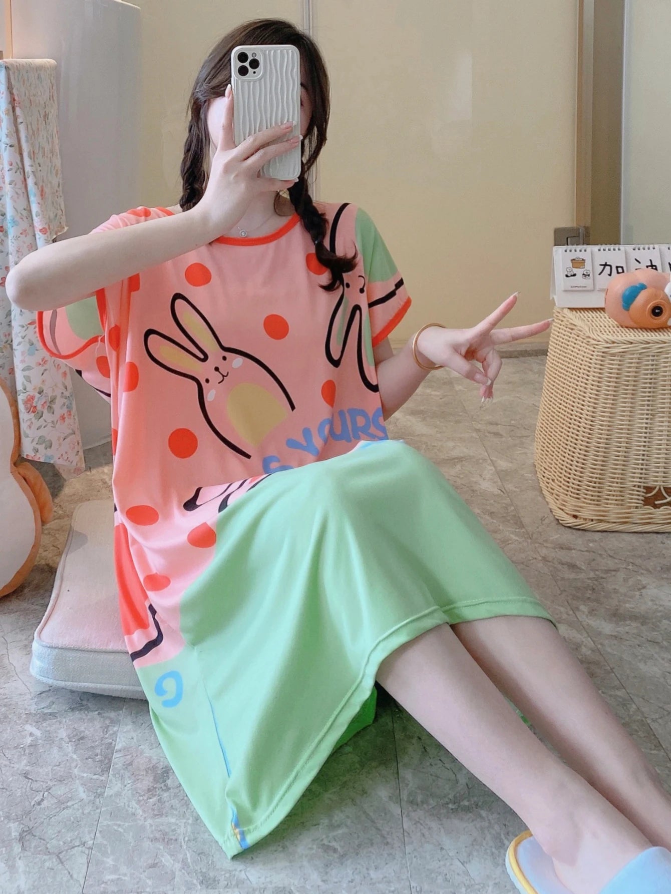 1PC, Summer And Autumn Cool Cute Girls Cartoon Nightdress, Comfortable Short-sleeved Dress, Women's Home Wear, Polyester Pajama