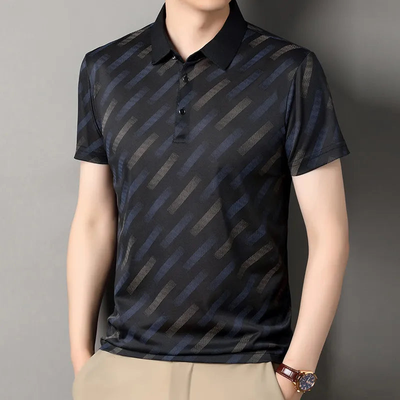 Men's Fashion Polo Shirt Short Sleeve Lapel Collar Diagonal Striped Print Casual Business Golf Tops