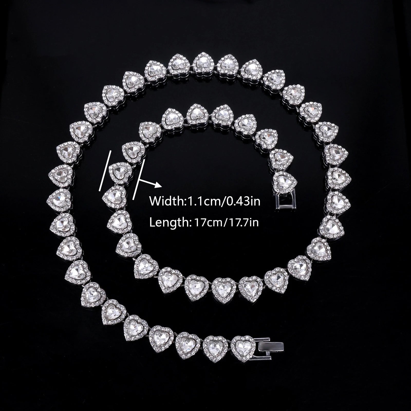 45CM New Hip Hop Tennis Chain Bracelet Necklace Shiny Heart Rhinestone CZ Fashion Rock Party Jewelry