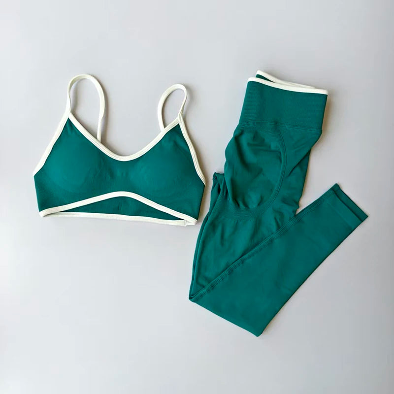 2PCS High Waisted Sports Bra Set with Contrasting Small Suspender Tight Fitting Hip Lifting Training Bra And Pants