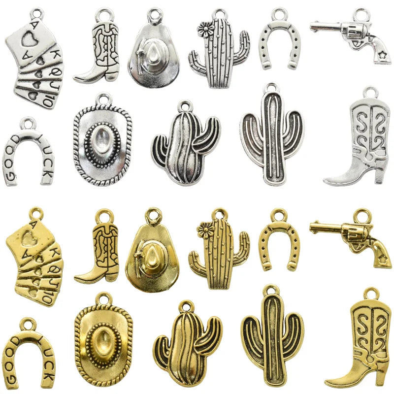 11pcs Mixed Antique Silver Western Cowboy Charms Alloy Boot Gun Hat Pendants For DIY Bracelet Earrings Necklace Jewelry Making