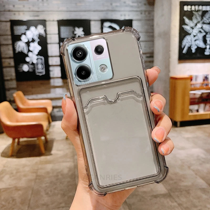 Note13 Card Slot Holder Bag Case On For Xiaomi Redmi Note 13 12 11 Pro 10 12s 11s 10s 9 Mi 12T 13T Poco X6 X5 X3 NFC Clear Cover