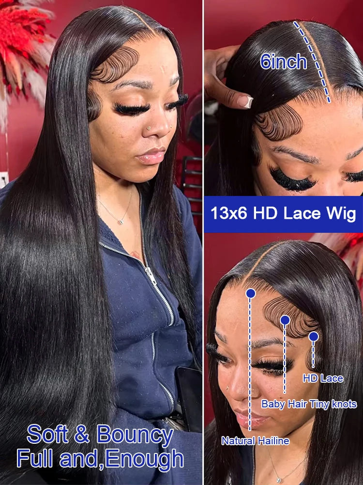 13x4 Bone Straight 250% Density Human Hair Wig 13x6 HD Lace Frontal Wig 40 Inch Natural Black Glueless Lace Front Wig for Women